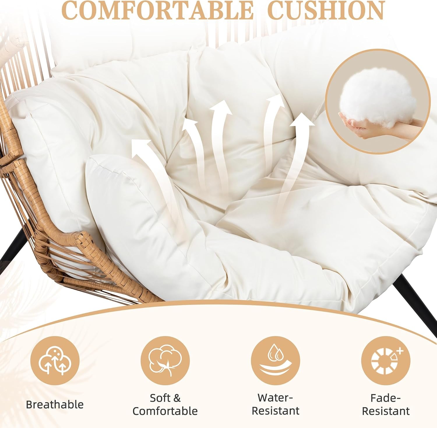 Wicker Egg Chair PE Rattan Chair with Cushion, Oversized Patio Lounge Chair for Outdoor, Indoor, Balcony, Backyard, Garden, Living Room, Beige-4