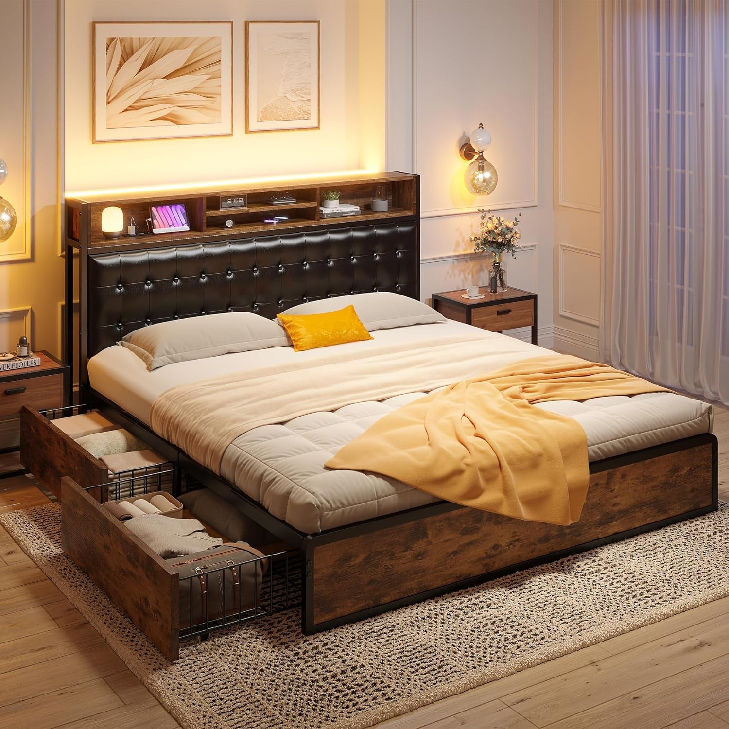 Queen Size Bed Frame with Storage Drawers and Charging Station-4