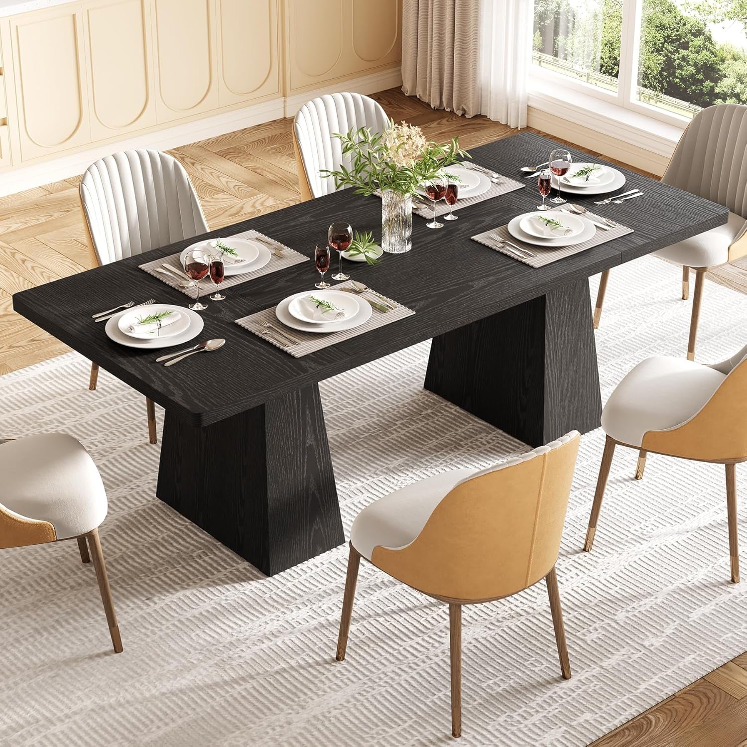 Dining Table for 6 People, Wooden Dining Table, Rectangle Table with Heavy Duty Legs, Modern Dining Table for Kitchen, Dining Room, Black-3