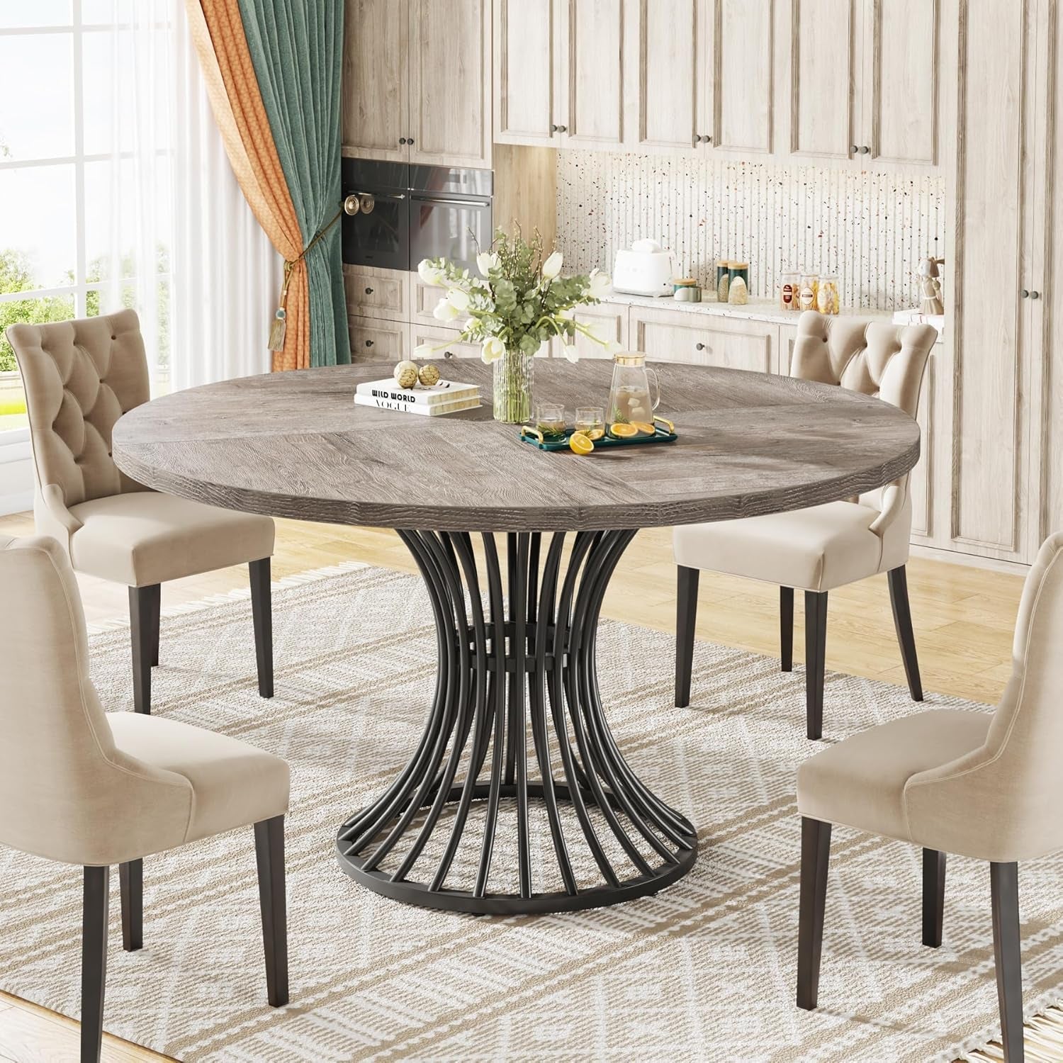 round Dining Table for 4-6 People, 47-Inch Farmhouse Dinning Room Table Circle Kitchen Table, Industrial Dinner Table with Metal Base for Kitchen, Living Room, Grey-2