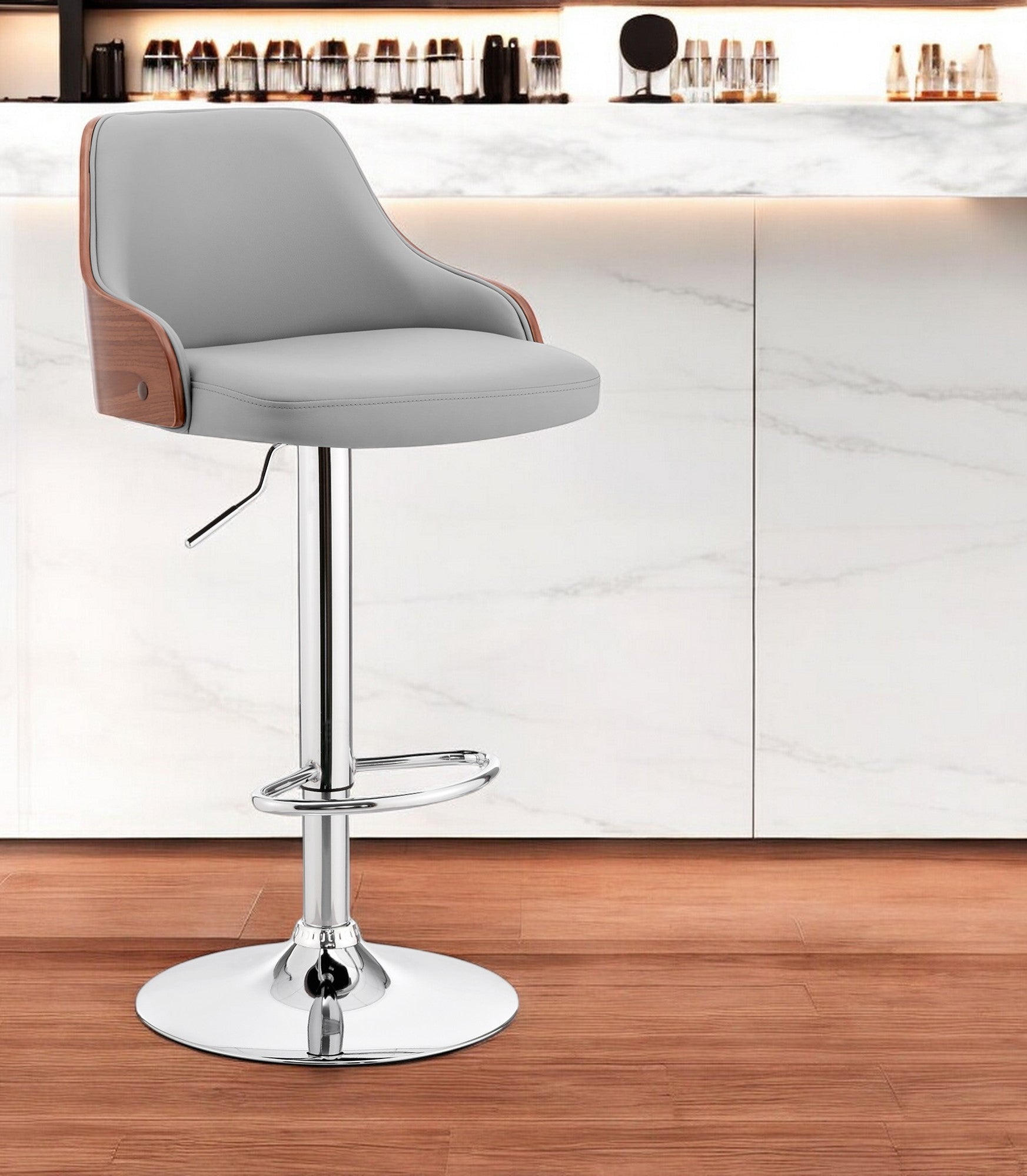 Gray And Silver Faux Leather And Iron Adjustable Height Swivel Bar Chair-0