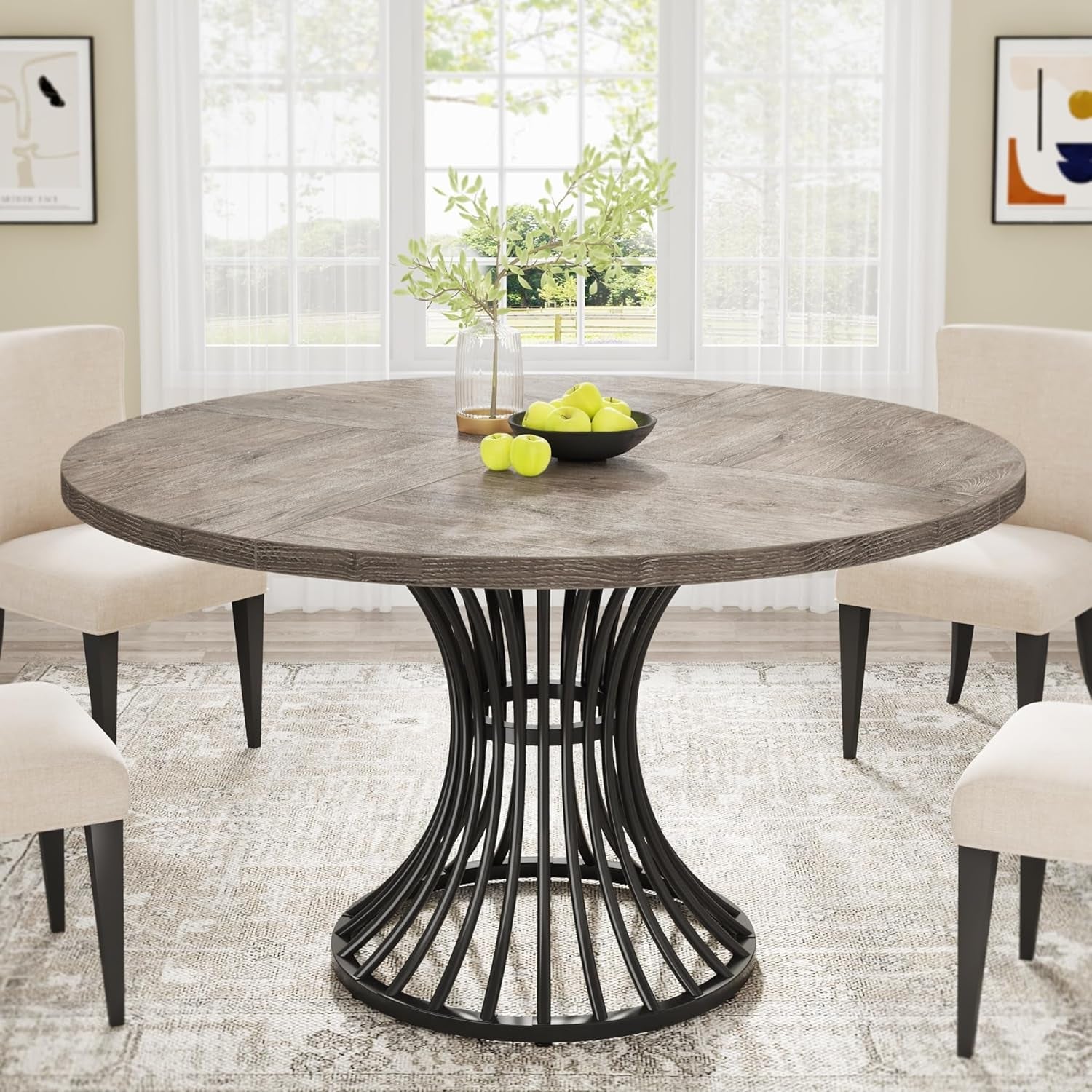 round Dining Table for 4-6 People, 47-Inch Farmhouse Dinning Room Table Circle Kitchen Table, Industrial Dinner Table with Metal Base for Kitchen, Living Room, Grey-0