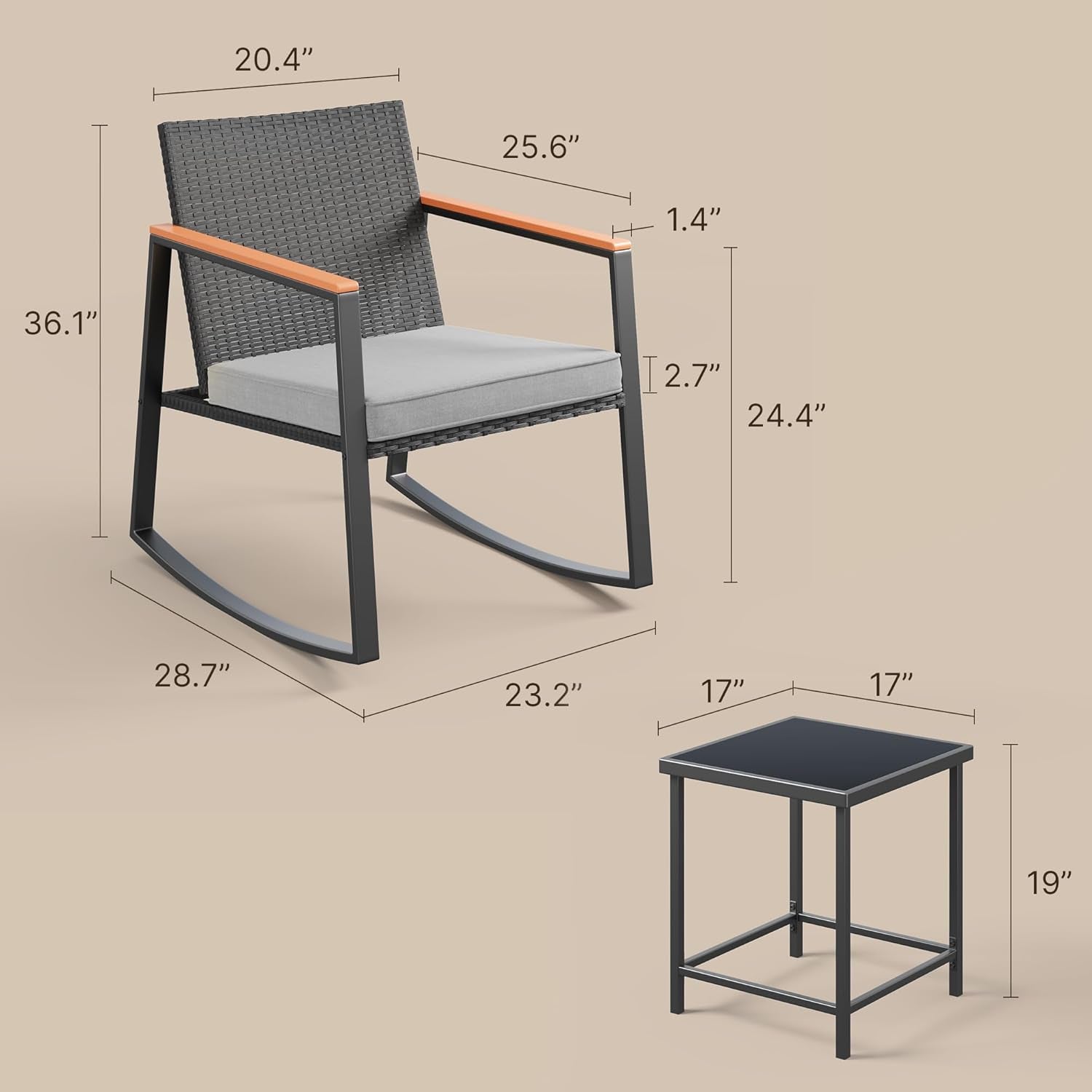 Patio Rocking Bistro Set Glass Table Cushions-3