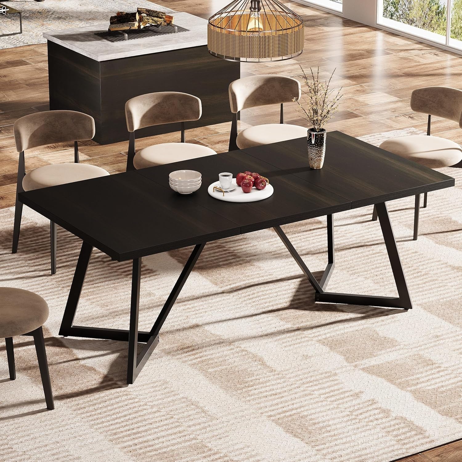 70.86-Inch Large Dining Table for 4-6, Modern Black Dining Room Table with Metal Frame, Rectangular Kitchen Dinner Table for Home Dining Room Family-3