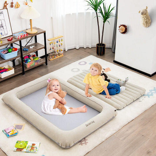 2-in-1 Multi-Purpose Inflatable Toddler Travel Bed Air Mattress Set with Electric Pump-Gray-1
