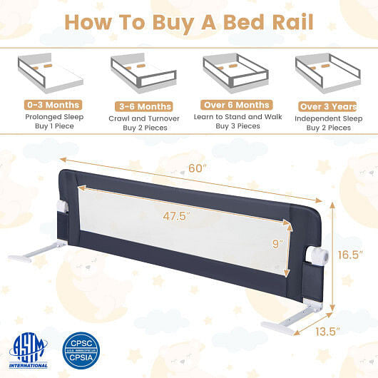 60-Inch Foldable Bed Rail Swing Down Baby Bed Guard Rail with Adjustable Safety Strap-Grey-2