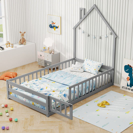Twin Size Montessori Floor Bed with Lockable Door and Full-Length Guardrail-Gray-2