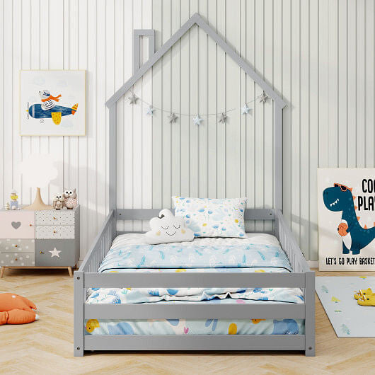 Twin Size Montessori Floor Bed with Lockable Door and Full-Length Guardrail-Gray-4