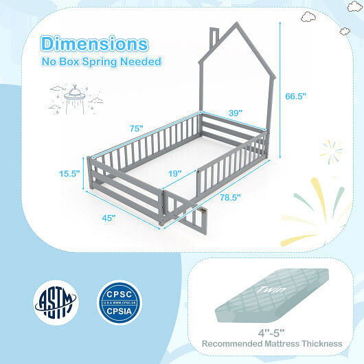 Twin Size Montessori Floor Bed with Lockable Door and Full-Length Guardrail-Gray-5