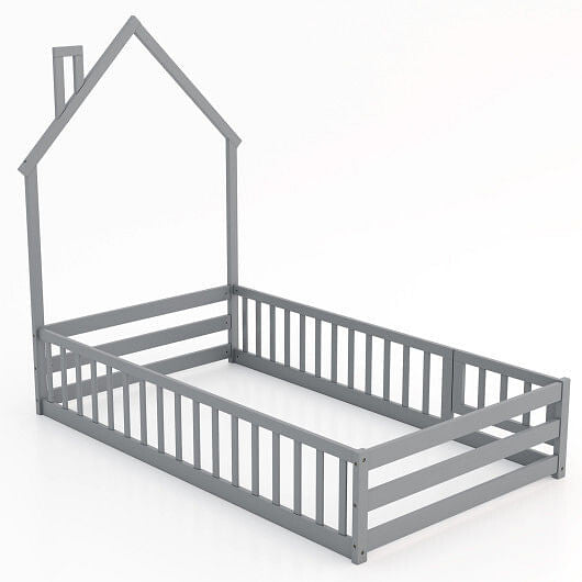 Twin Size Montessori Floor Bed with Lockable Door and Full-Length Guardrail-Gray-0