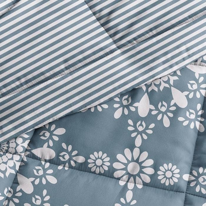 King size 3-Piece Blue and White Reversible Floral Striped Comforter Set-1