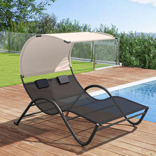 Outdoor Double Chaise Lounge Chair with Sunshade Canopy and Headrest Pillows-Black-1