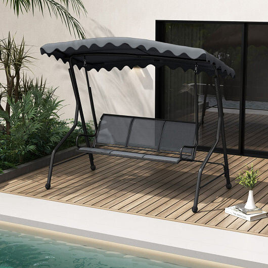 3-Seat Outdoor Porch Canopy Swing with Adjustable Shading-Gray-1