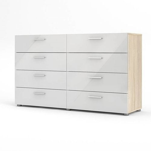 White Modern Bedroom 8-Drawer Double Dresser with Oak Finish Sides and