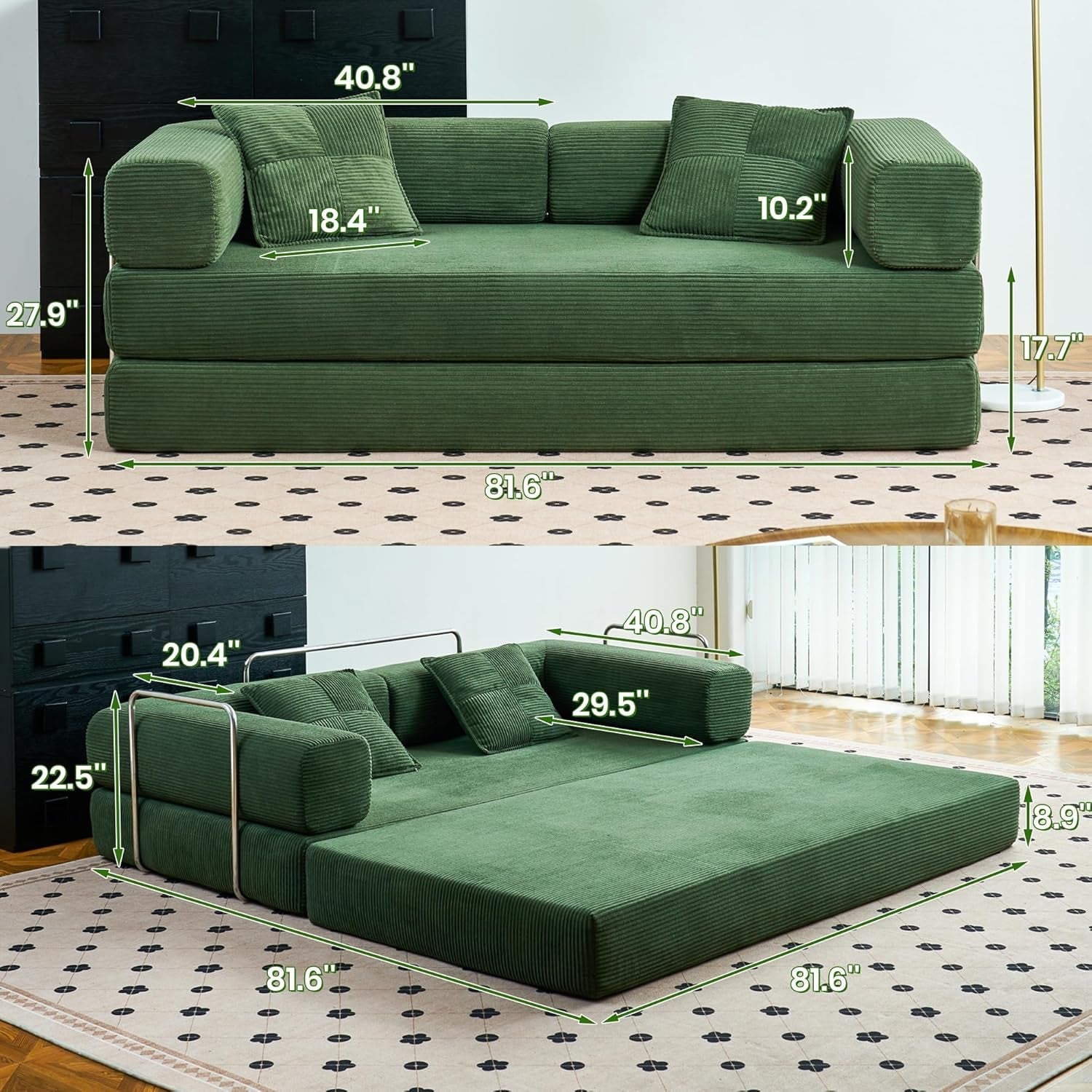 Convertible Floor Sofa Bed Comfy Corduroy Design Green-2