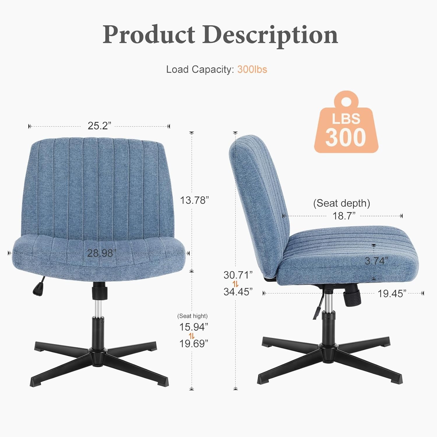 Criss Cross Chair Legged, Armless Office Desk Chair No Wheels, Swivel Vanity Chair, Height Adjustable Wide Seat Computer Task Chair, Fabric Vanity Modern Home Chair Blue-1
