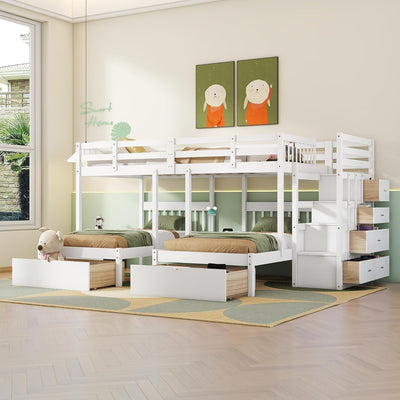 Triple Bunk Beds with Drawers, Wood Full over Twin & Twin Bunk Bed with Storage Staircase, Triple Bed for Kids,3 Bed Bunk Beds with Storage for Girls Boys,White-0