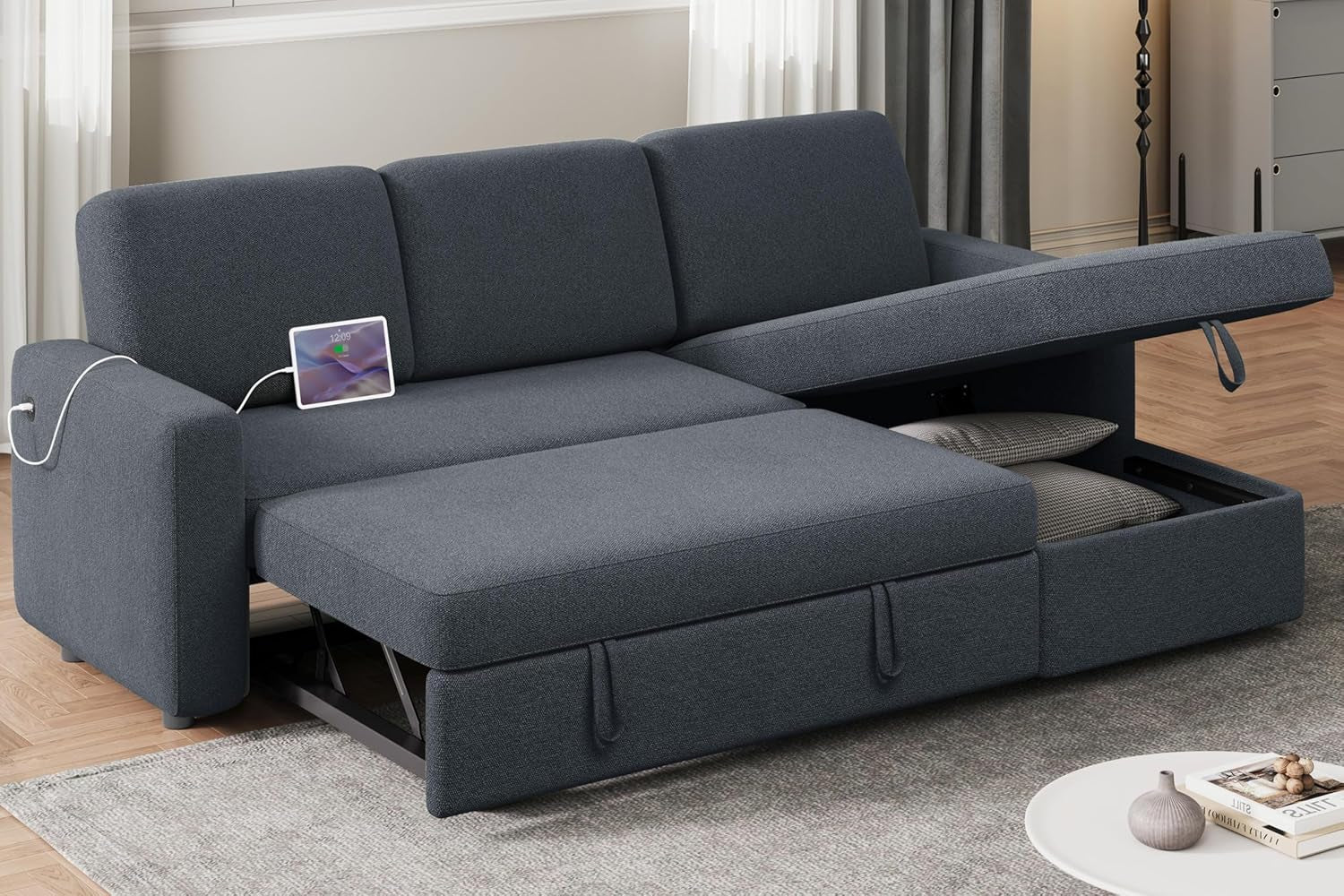 Dark Gray Sectional Sofa with Chaise & USB