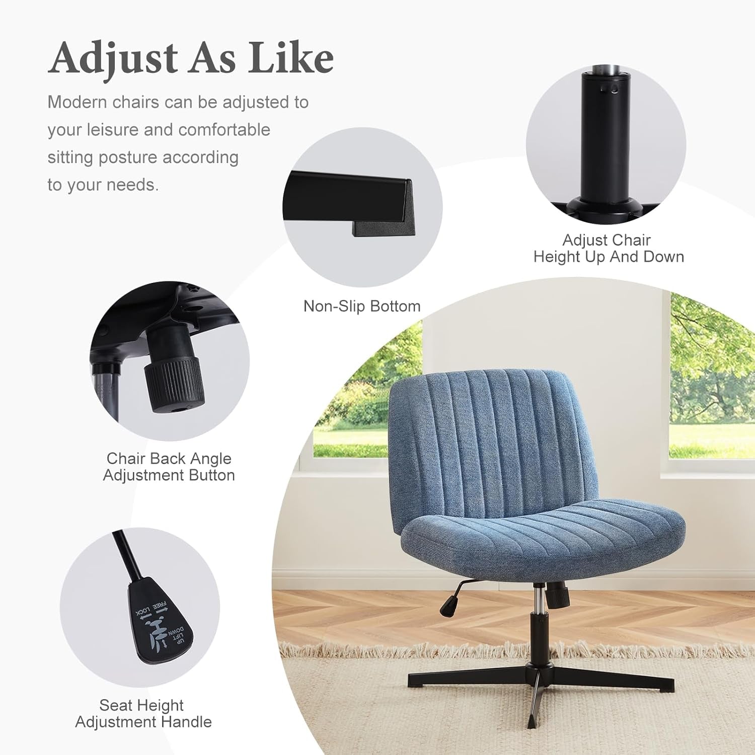 Criss Cross Chair Legged, Armless Office Desk Chair No Wheels, Swivel Vanity Chair, Height Adjustable Wide Seat Computer Task Chair, Fabric Vanity Modern Home Chair Blue-2