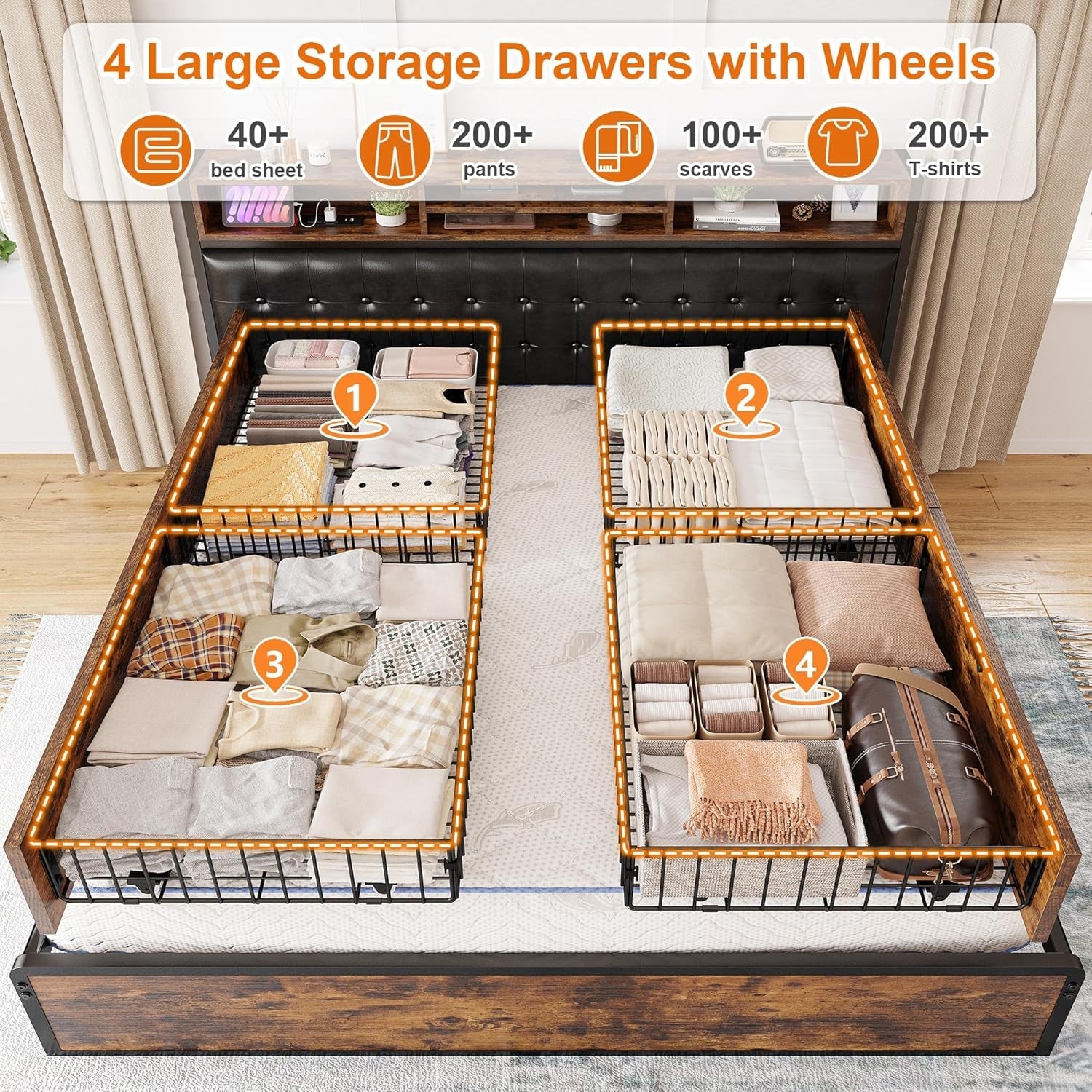Queen Size Bed Frame with Storage Drawers and Charging Station-2