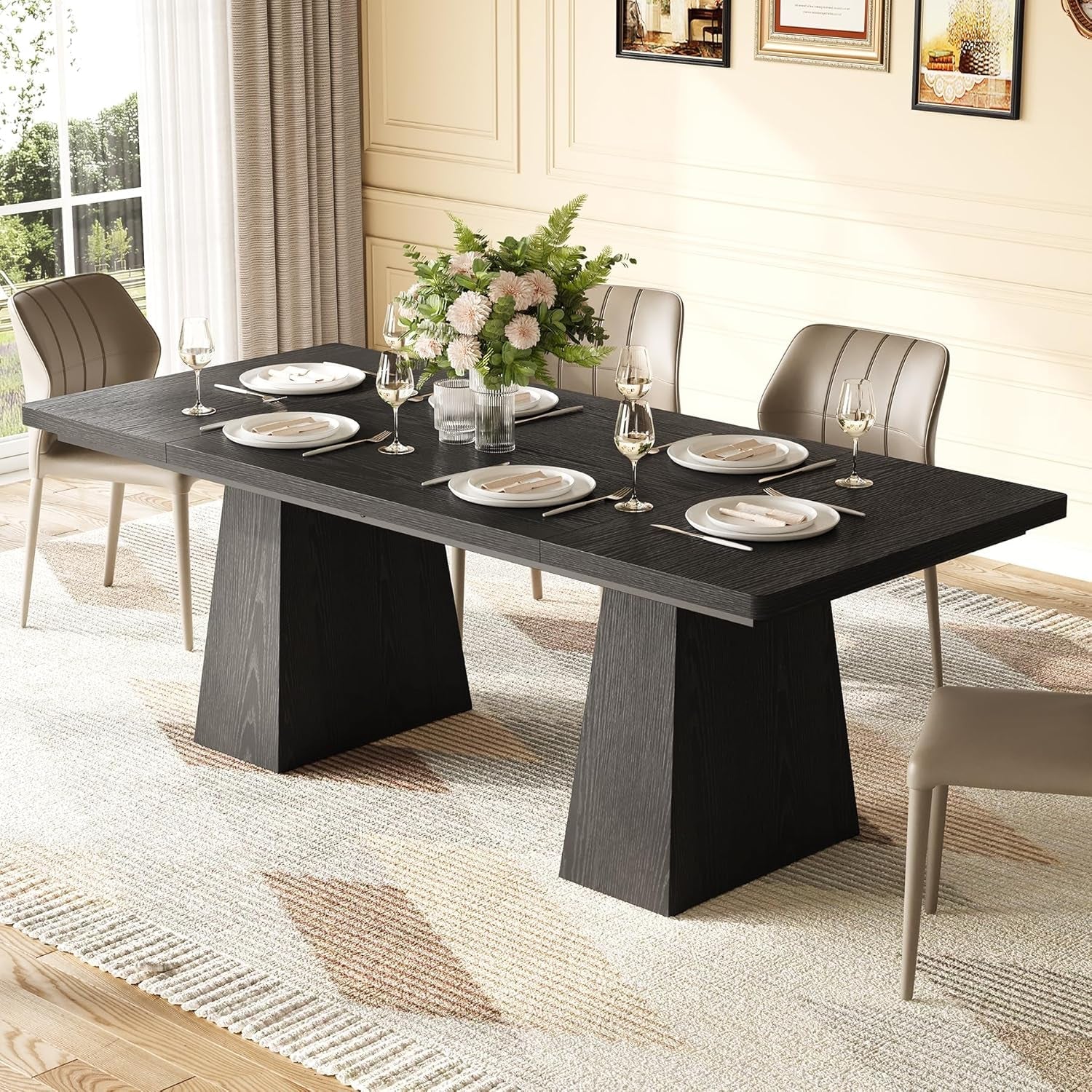 Dining Table for 6 People, Wooden Dining Table, Rectangle Table with Heavy Duty Legs, Modern Dining Table for Kitchen, Dining Room, Black-4