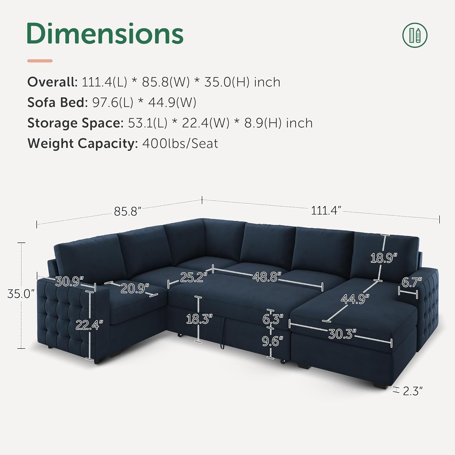 Velvet U-Sectional Sleeper Sofa, Pull-Out Bed, Blue