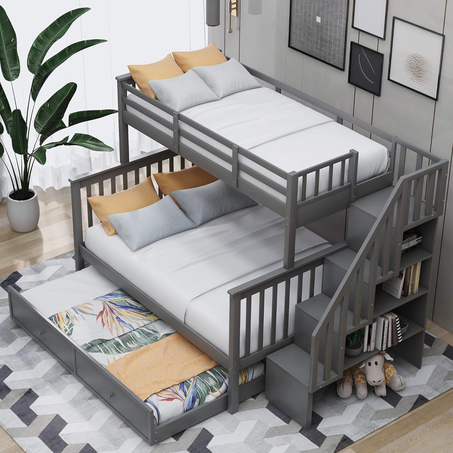 Twin over Full Bunk Bed, Wooden Bunk Bed Frame Twin over Full with Trundle and Storage Shelves, Twin over Full Size Bunk Beds with Staircases for Kids Teens Adults, Grey-2