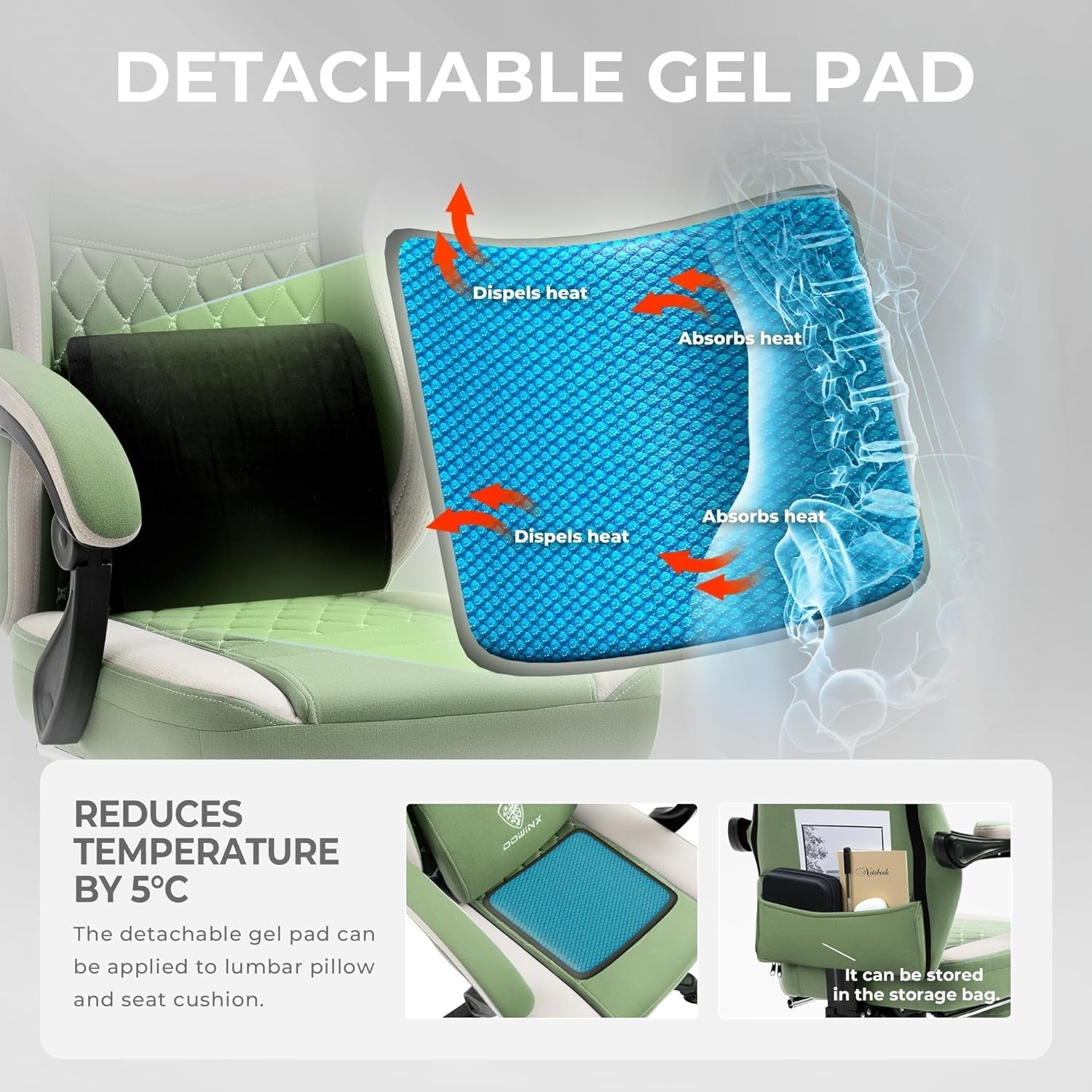 Gaming Chair Breathable Fabric Computer Chair with Pocket Spring Cushion, Comfortable Office Chair with Gel Pad and Storage Bag,Massage Game Chair with Footrest,Green-4