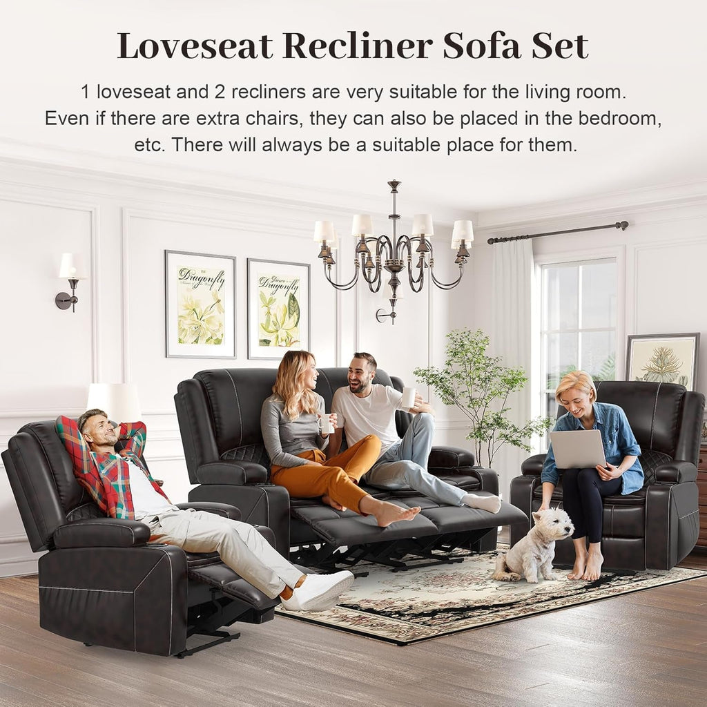 Grey Leather Reclining Loveseat Set Console, 2 Chairs-2