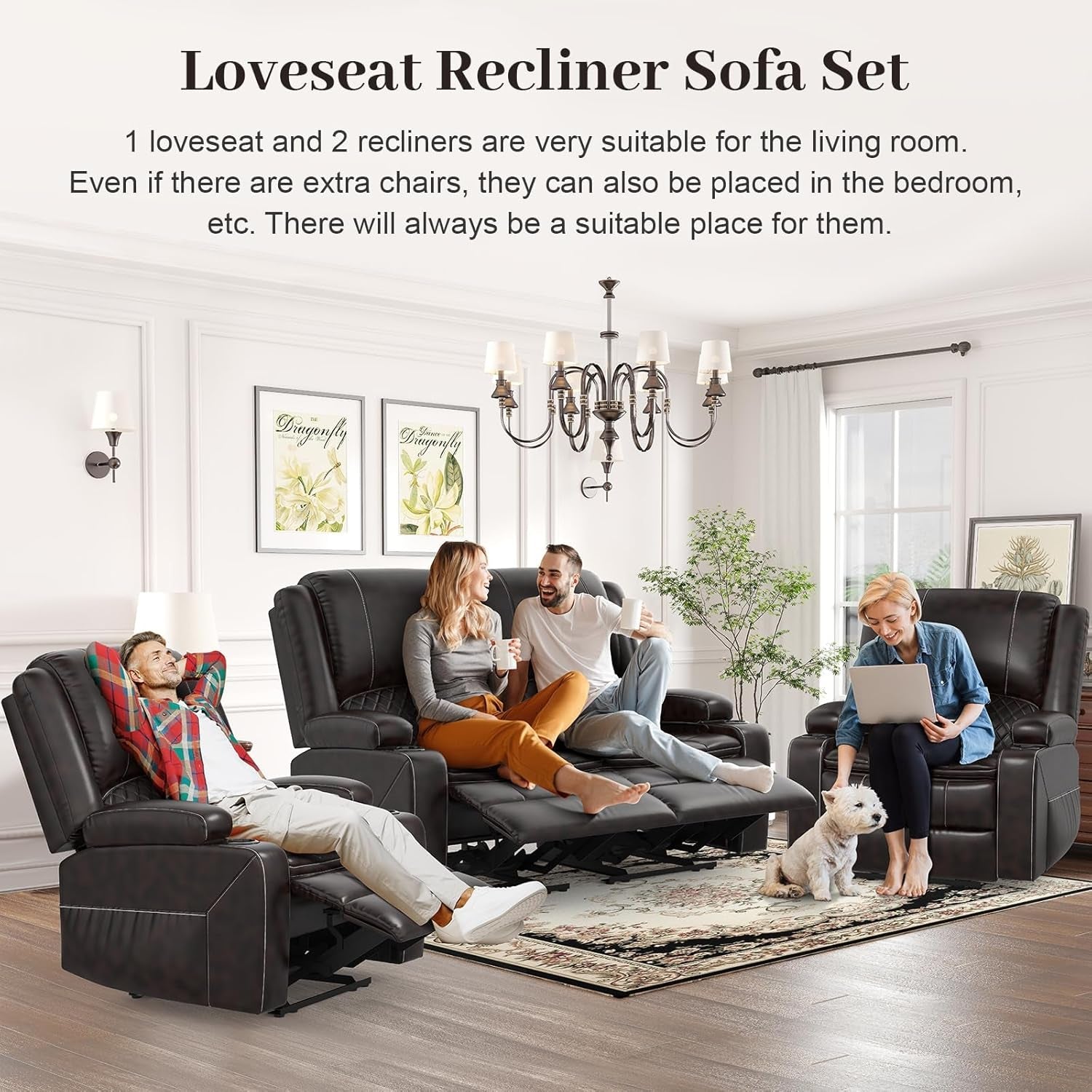 Grey Leather Reclining Loveseat Set Console, 2 Chairs-2