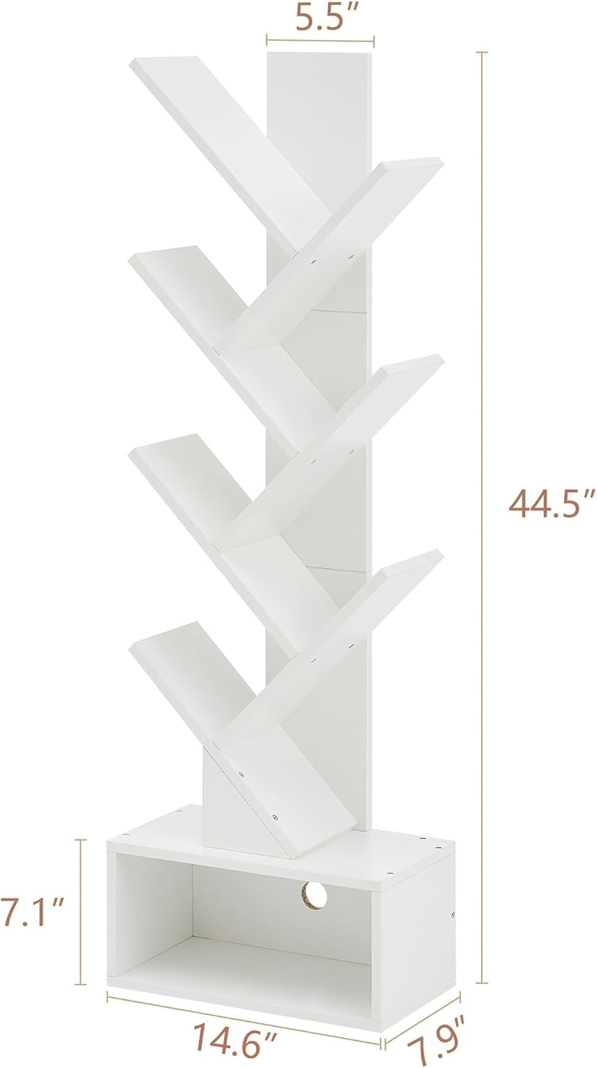 6 Tier Tree Bookshelf, Tall Bookcase with Drawer, Freestanding Book Shelf, Display Floor Standing Storage Shelf, Book Organizer Shelves for Home Office, Living Room, Bedroom, White-2