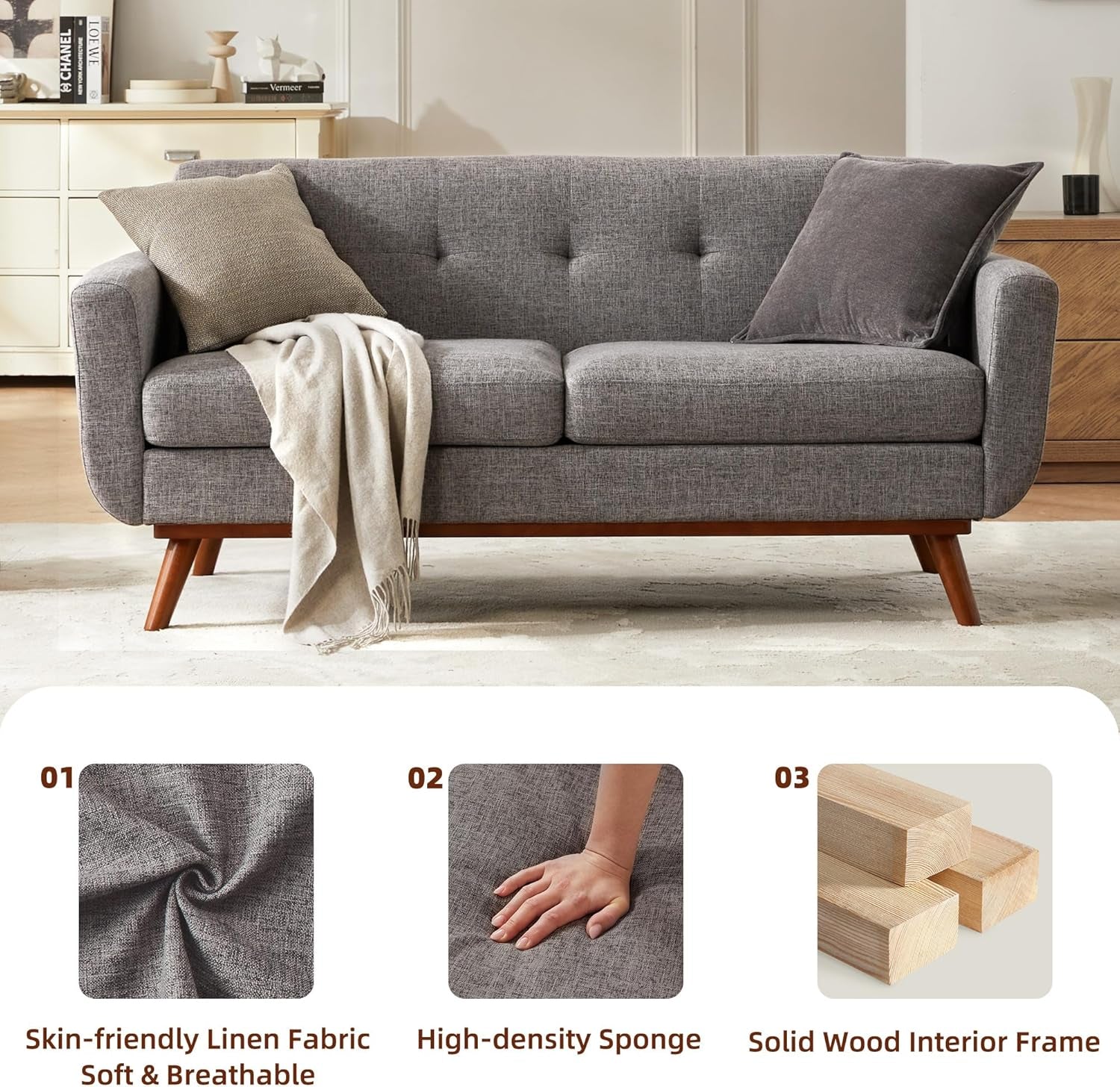 Grey Mid-Century Loveseat Sofa Easy Assembly, Solid Wood