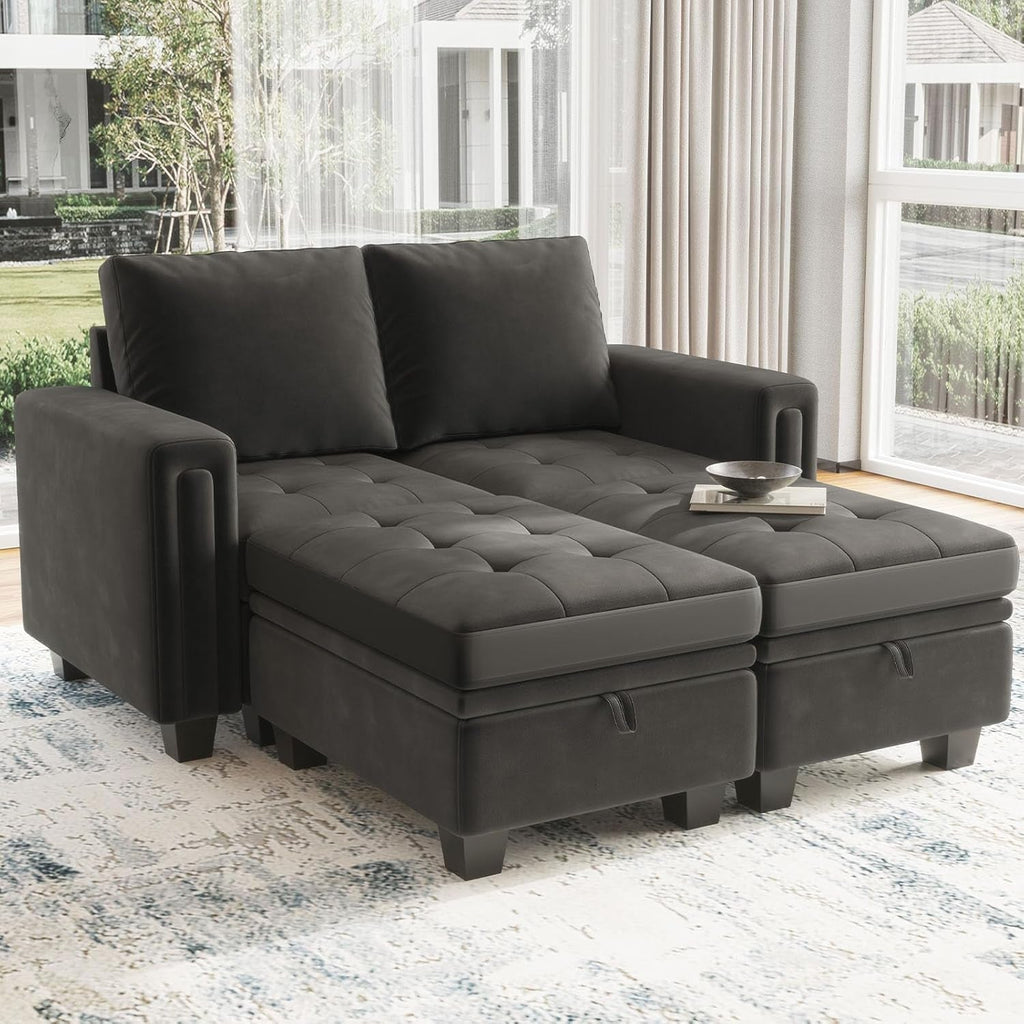 Velvet Modular Sectional Sofa Couch with Storage Convertible Sectional Sleeper Sofa Couch Bed Set with Reversible Chaise Grey-0
