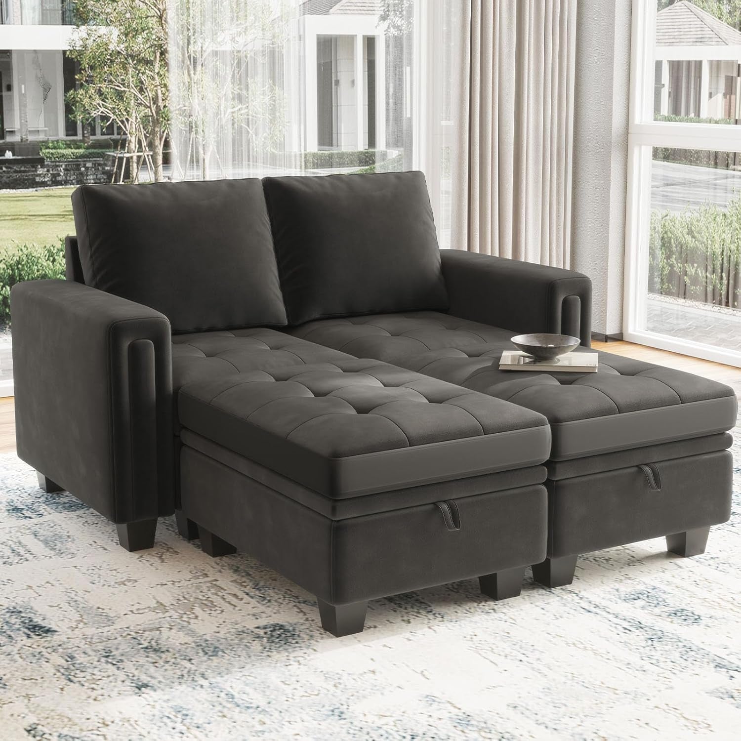 Velvet Modular Sectional Sofa Couch with Storage Convertible Sectional Sleeper Sofa Couch Bed Set with Reversible Chaise Grey-0