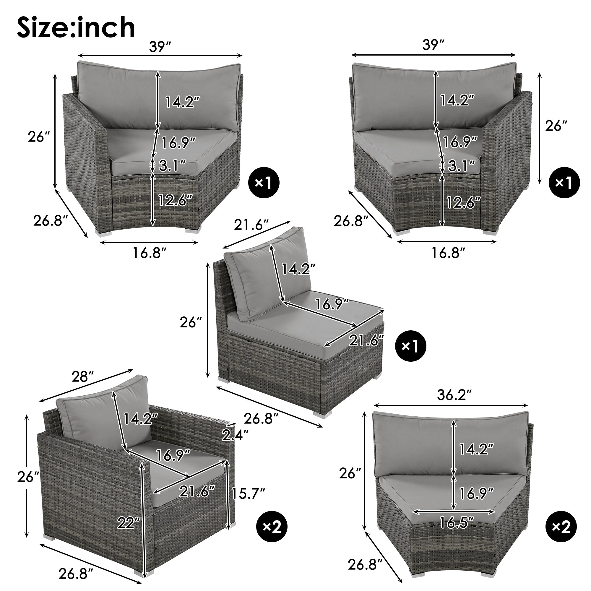 9-Piece Outdoor Half-Moon Patio Sofa Set