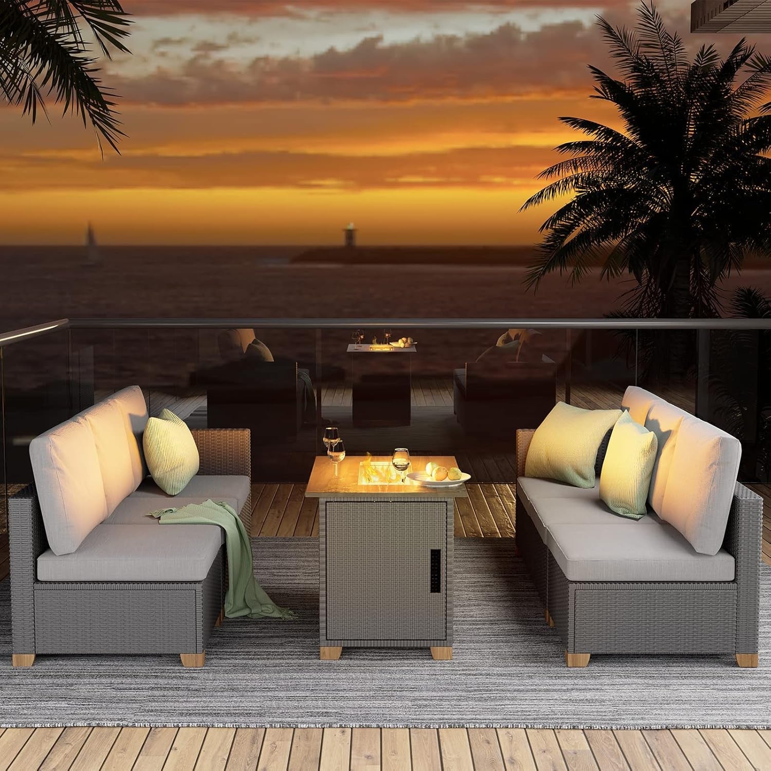 Modular Wicker Outdoor Furniture Set with Fire Pit-0
