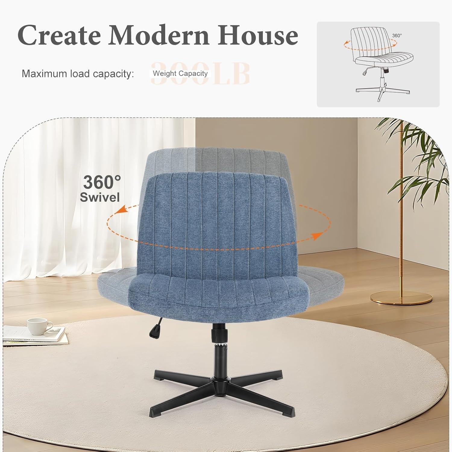 Criss Cross Chair Legged, Armless Office Desk Chair No Wheels, Swivel Vanity Chair, Height Adjustable Wide Seat Computer Task Chair, Fabric Vanity Modern Home Chair Blue-4