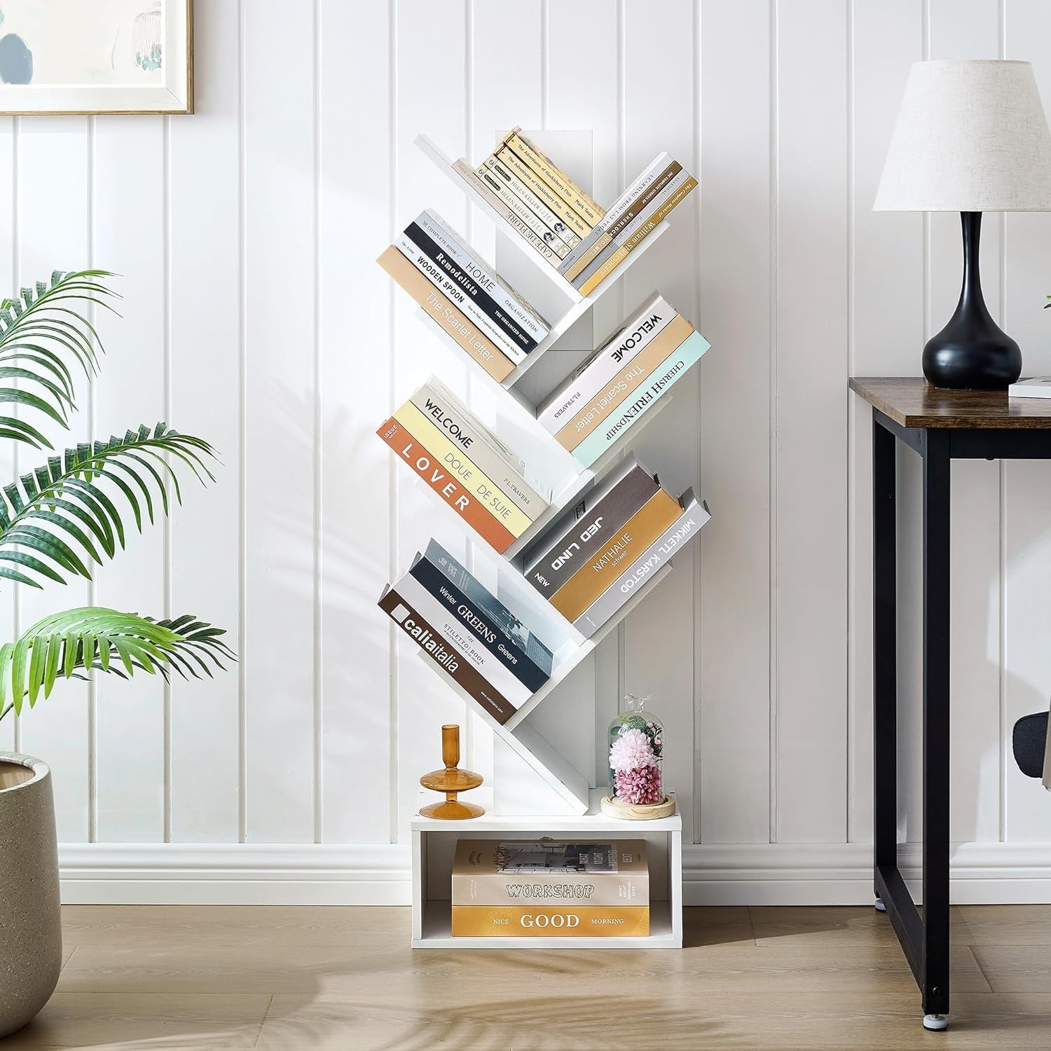 6 Tier Tree Bookshelf, Tall Bookcase with Drawer, Freestanding Book Shelf, Display Floor Standing Storage Shelf, Book Organizer Shelves for Home Office, Living Room, Bedroom, White-3