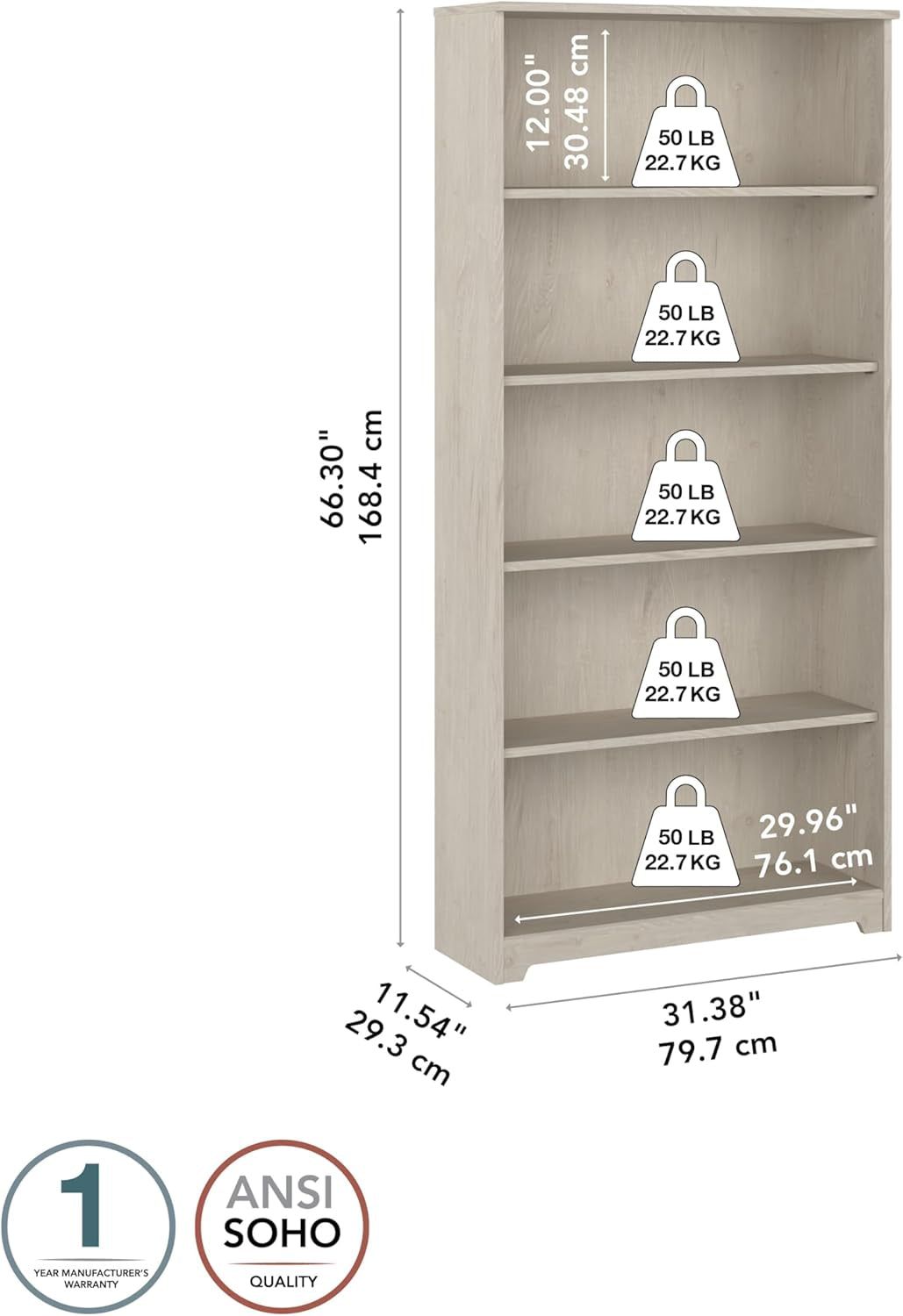 Tall 5 Shelf Bookcase in Linen White Oak Finish