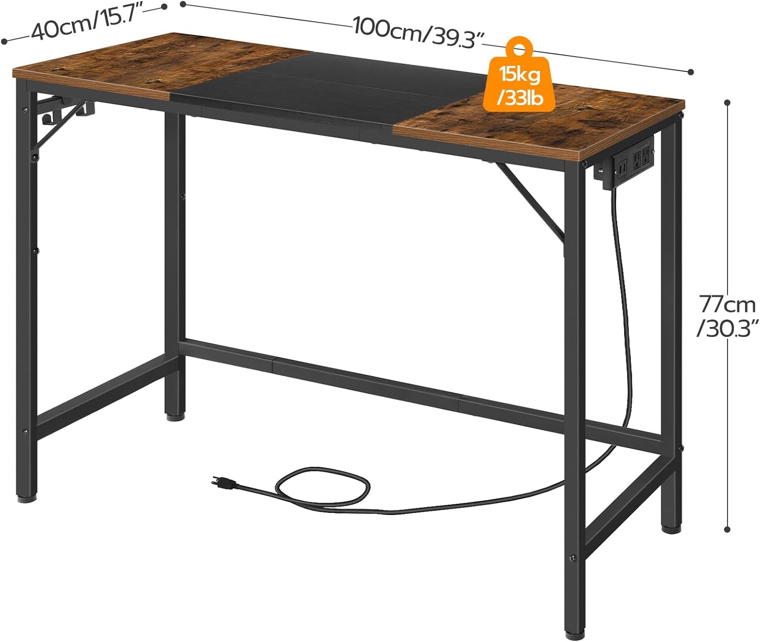 Computer Desk, Home Office Desk with Power Outlet, Modern Study Writing Desk with 3 Hooks for Study Room, Home Office, Sturdy and Stable, Easy to Assemble, Rustic Brown and Black BF41UDN01-2