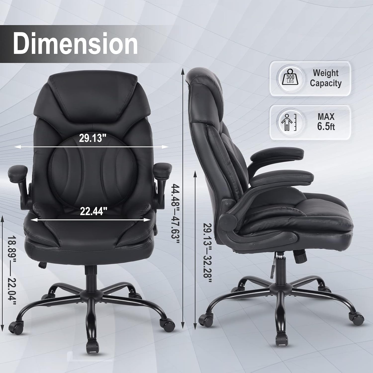 Ergonomic Executive Office Chairs with Lumbar Support, PU Leather Home Office Desk Chairs with Wheels and Flip up Arms, 90-120° Rocking Managerial Executive Chair (Black),Medium(300Lbs)-2