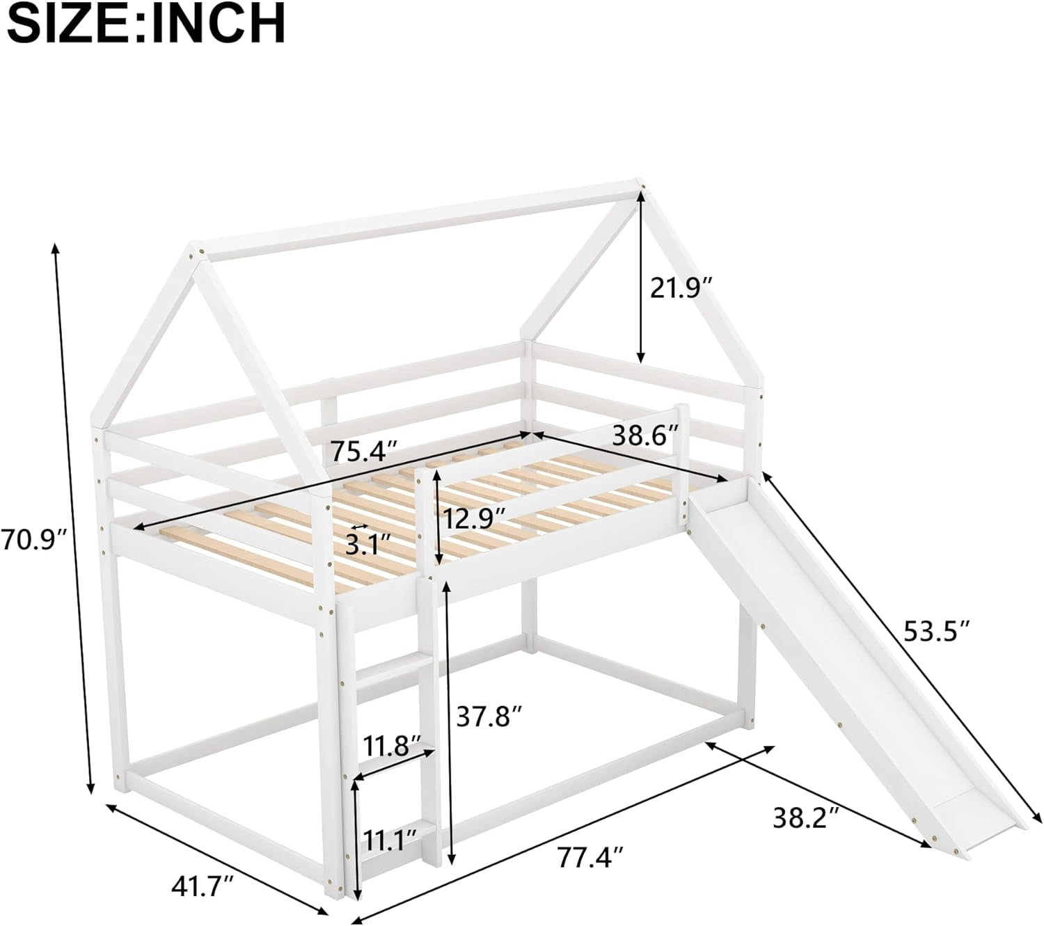 Twin over Twin House Bunk Bed with Slide,Floor Bunk Beds with Ladder for Kids,Solid Wood Twin Size Low Bunk Bed for Girls Boys-1