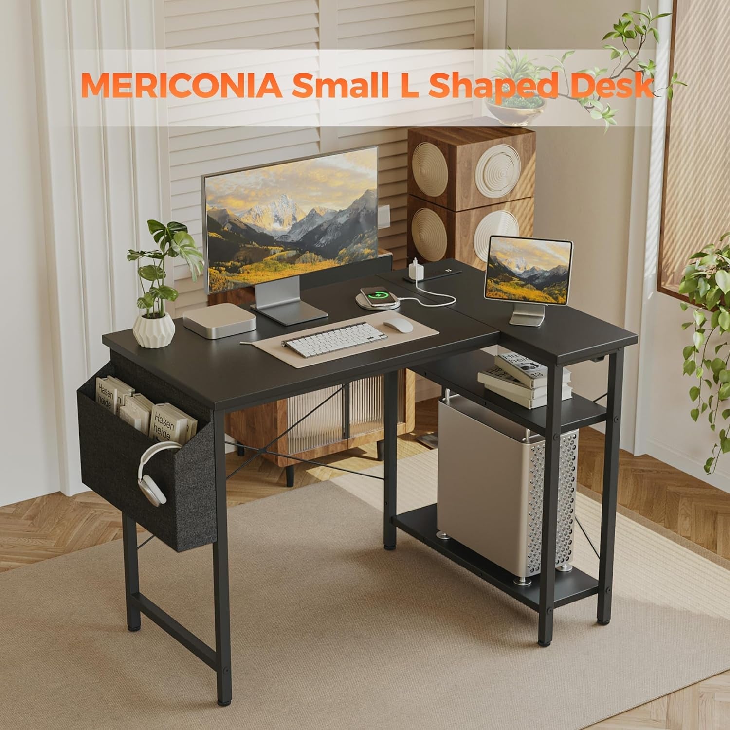 L Shaped Computer Desk with Power Outlets and Shelves-2