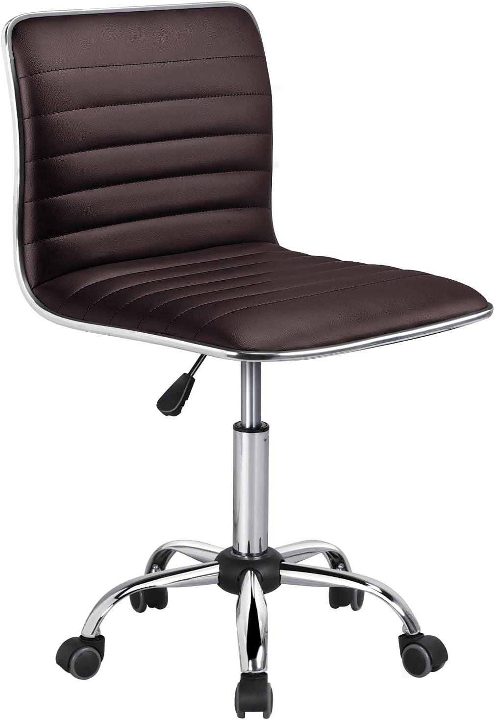 Task Chair Armless Office Chair PU Leather Ribbered Modern Desk Chair Adjustable Low-Back Swivel Chair W/Rolling Wheels Accent Comfy Working Chair Makeup Chair, Brown-0