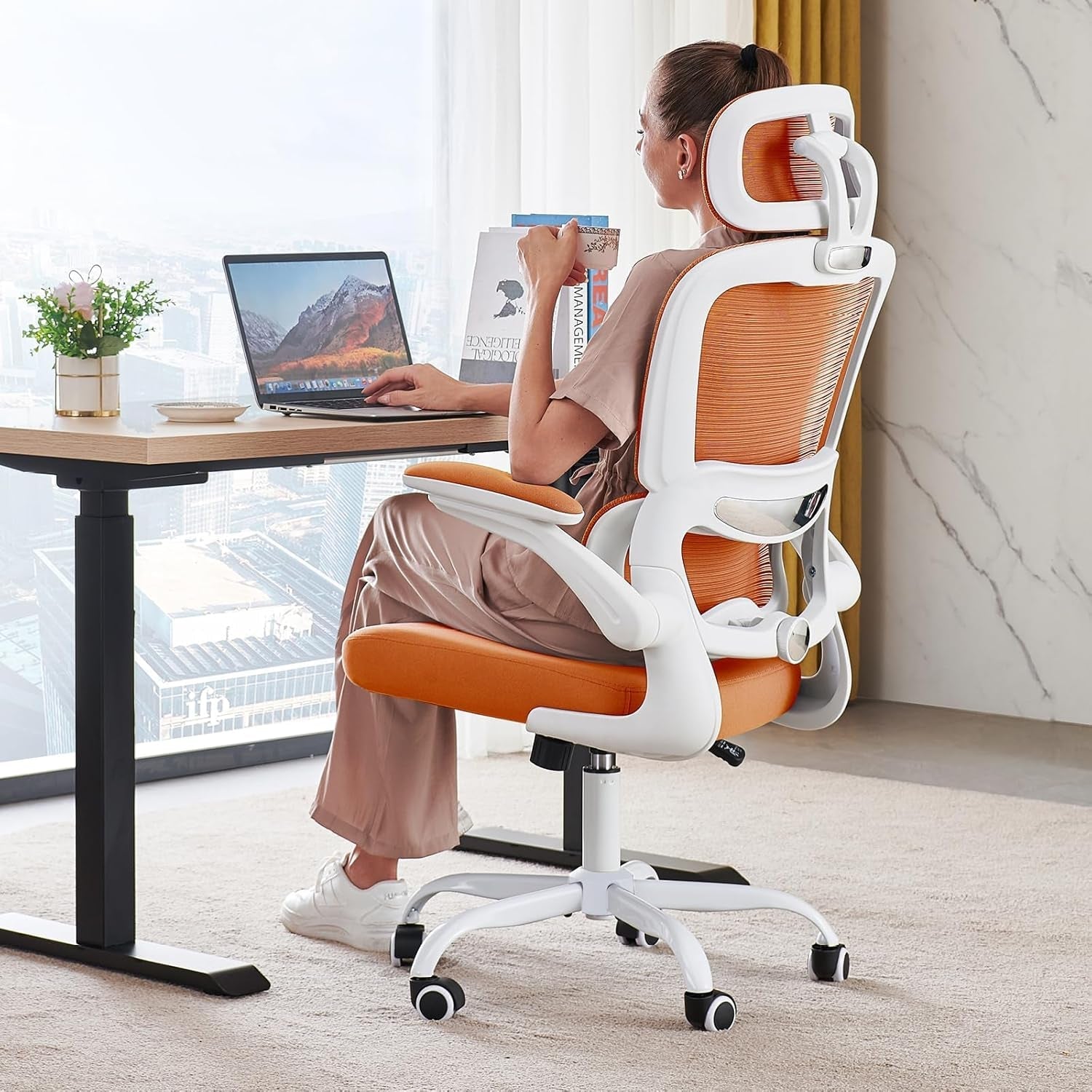 Office Chair Ergonomic Desk Chair, 330 LBS Home Mesh Office Desk Chairs with Wheels, Comfortable Gaming Chair, High Back Office Chair for Long Hours (Orange)-0