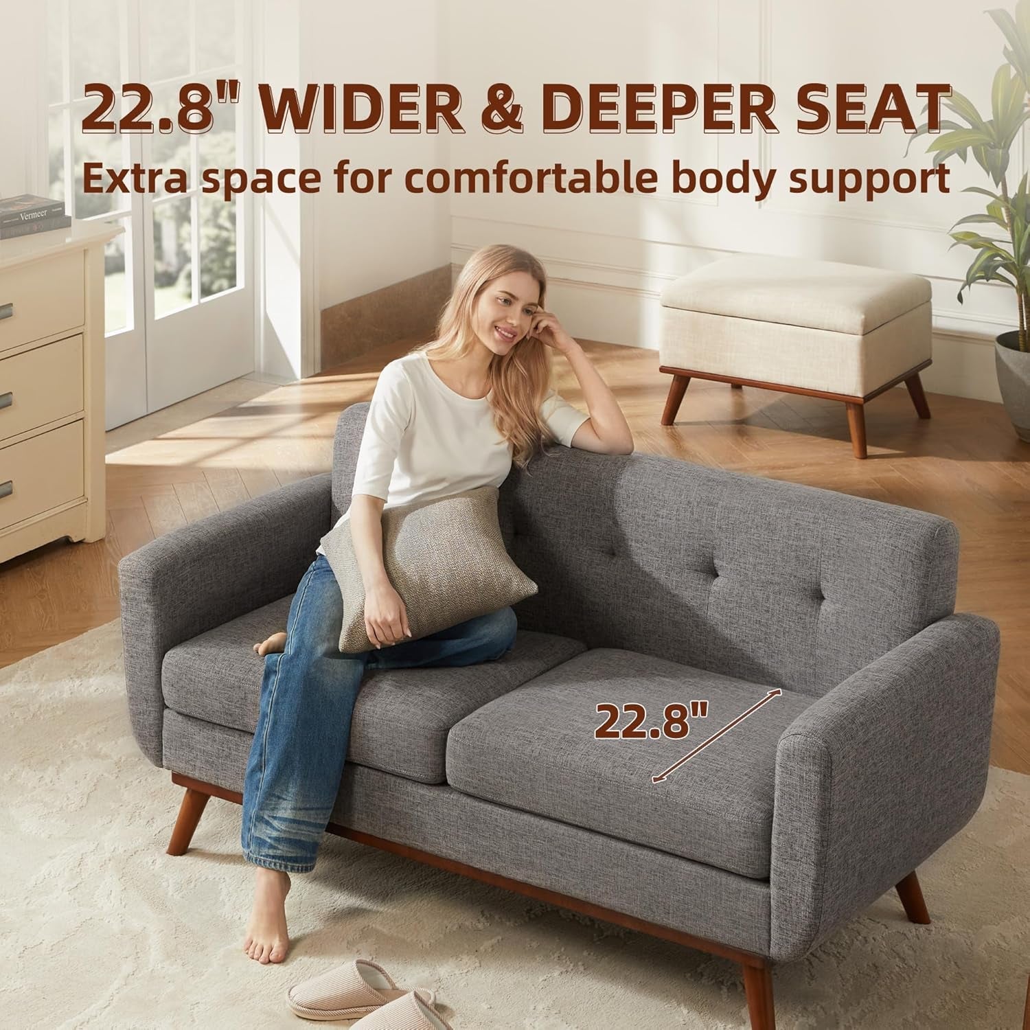 Grey Mid-Century Loveseat Sofa Easy Assembly, Solid Wood