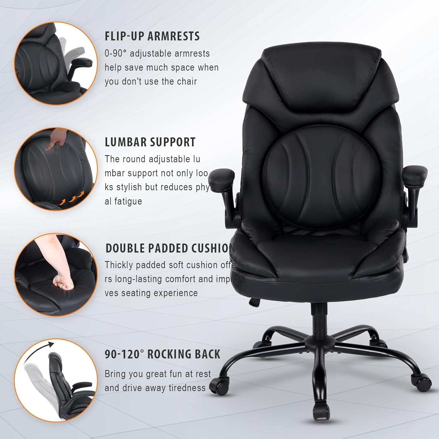 Ergonomic Executive Office Chairs with Lumbar Support, PU Leather Home Office Desk Chairs with Wheels and Flip up Arms, 90-120° Rocking Managerial Executive Chair (Black),Medium(300Lbs)-3