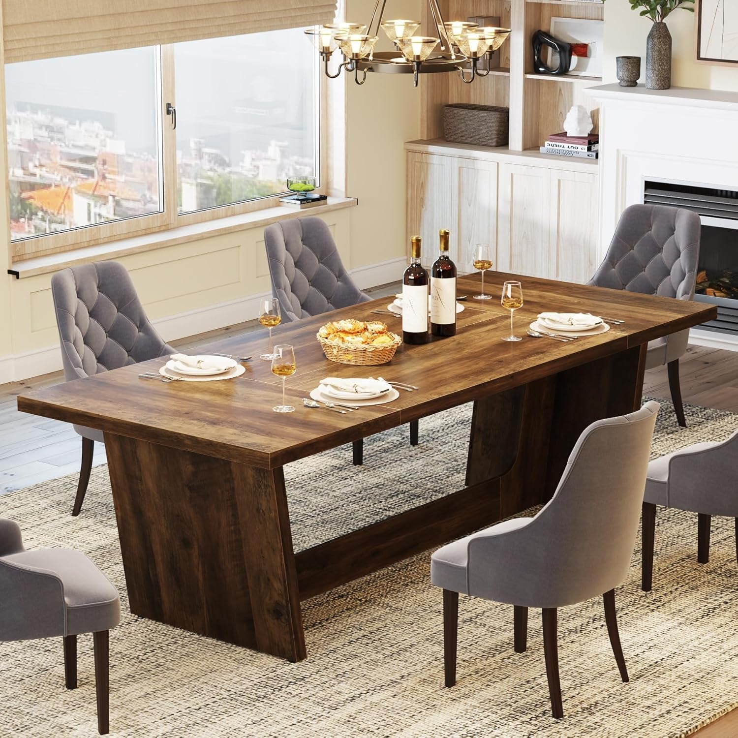 70.87-Inch Dining Room Table: Wood Large Dining Table for 6-8 People, Rectangular Farmhouse Kitchen Table with Solid Pedestal, Rustic Long Dinner Table for Big Family-4