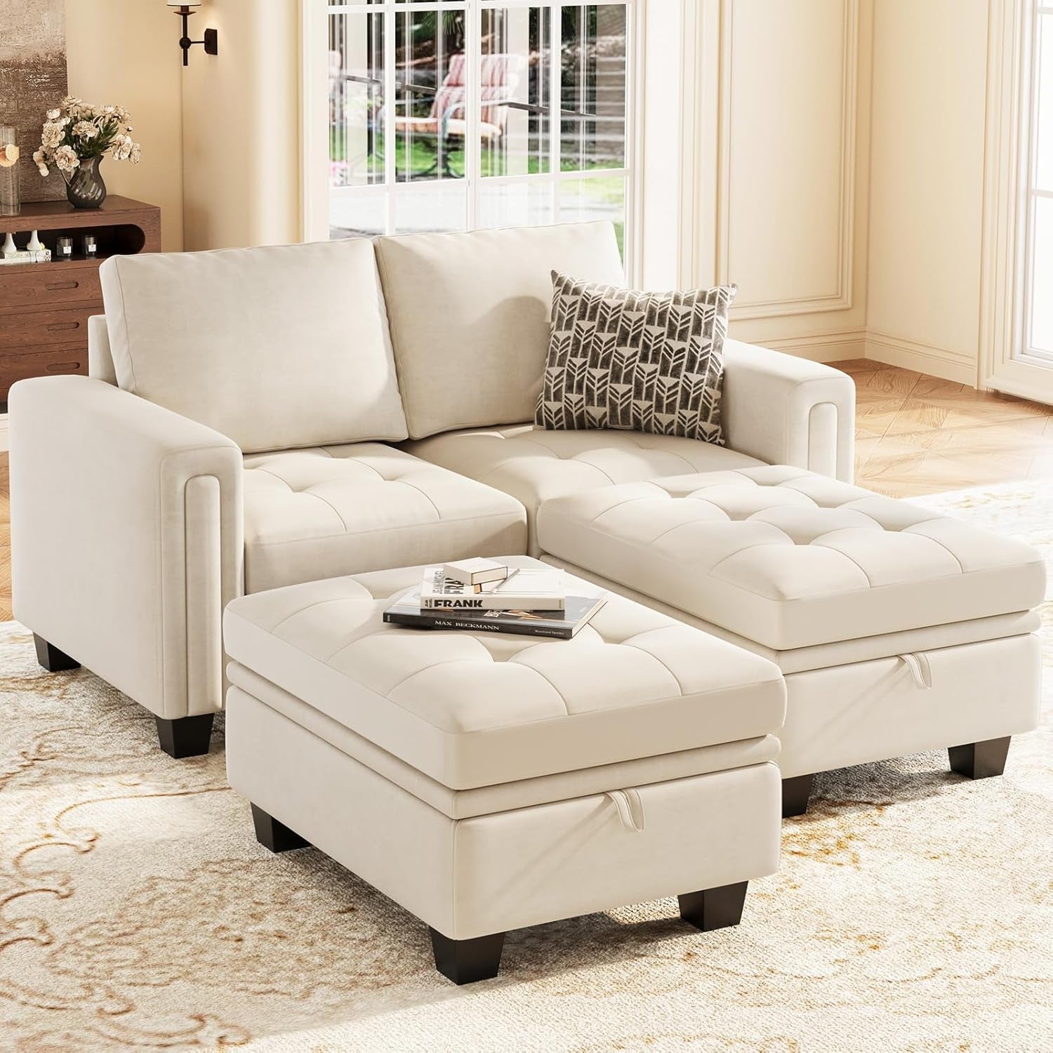 Velvet Modular Sectional Sofa Couch with Storage Convertible Sectional Sleeper Sofa Couch Bed Set with Reversible Chaise Beige-3