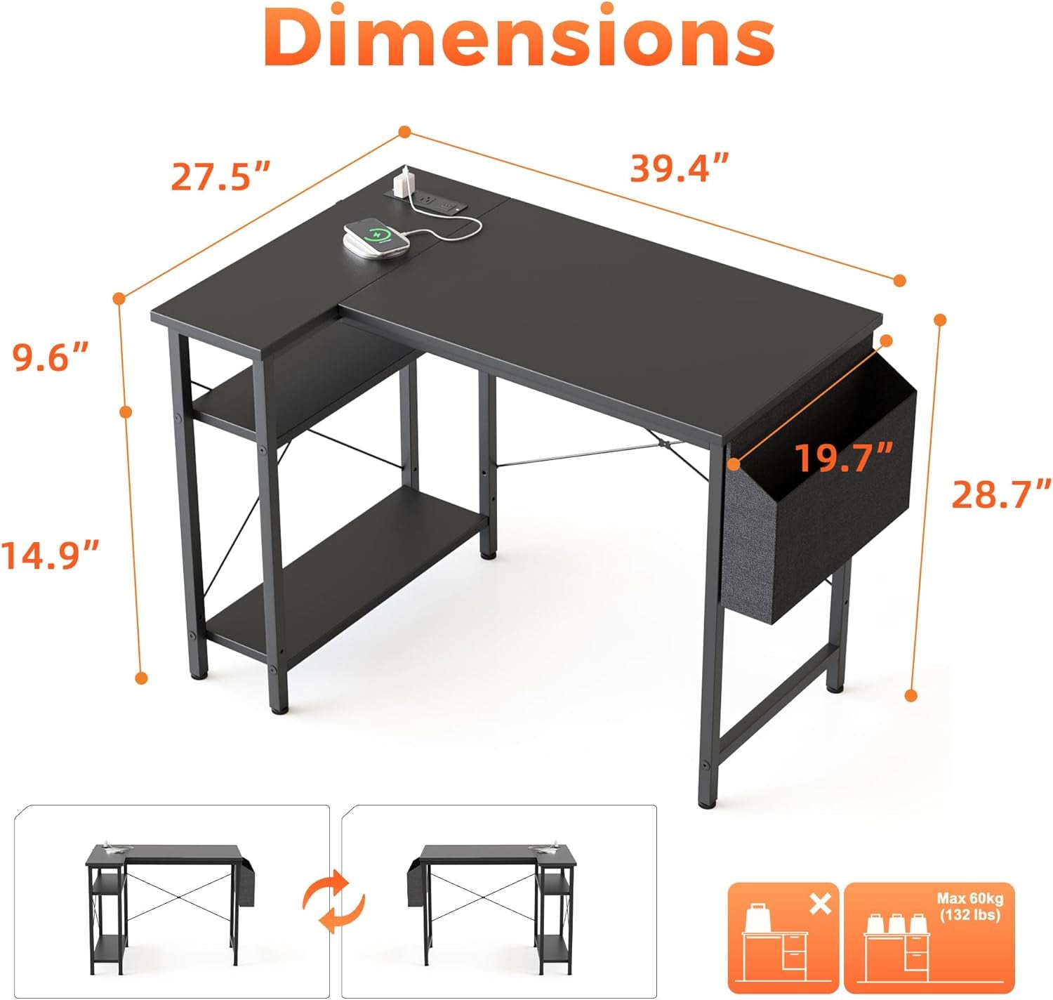L Shaped Computer Desk with Power Outlets and Shelves-1